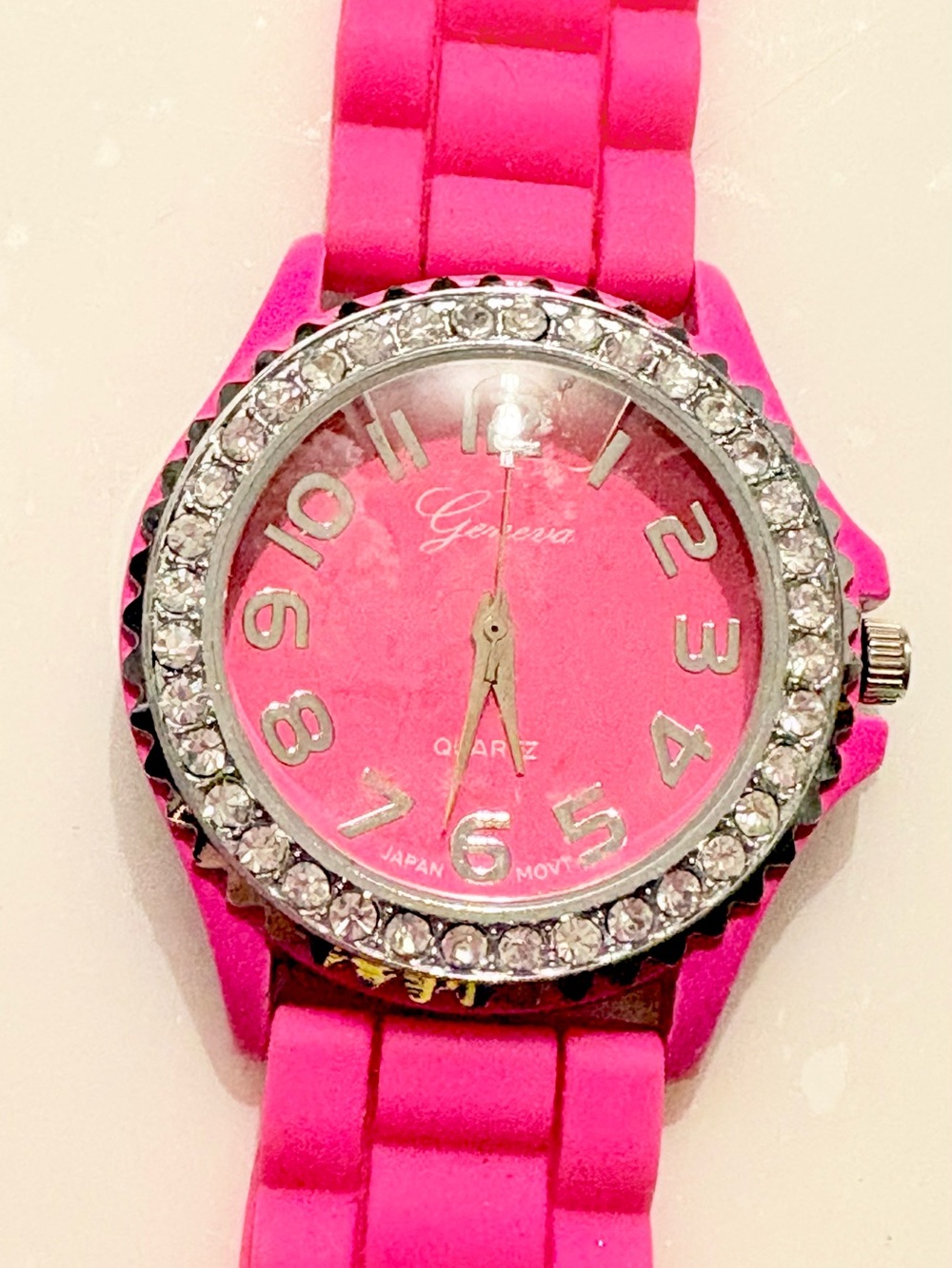 Geneva Pink Crystal Bezel Silicone Strap Watch